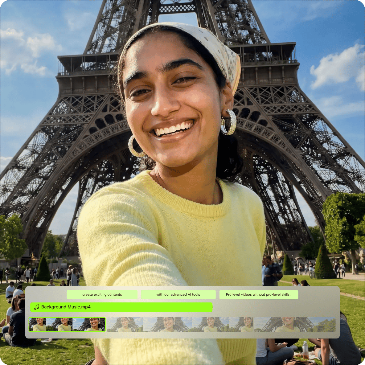Smiling woman taking a selfie at the Eiffel Tower with an online GIF editor timeline and background music track.