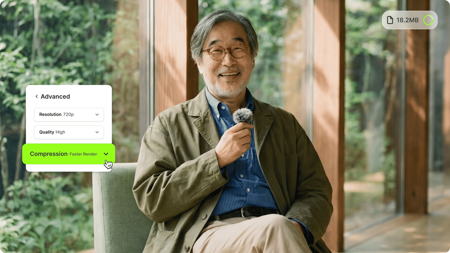 Smiling man holding a mini microphone next to an advanced video compression tool menu setting resolution.