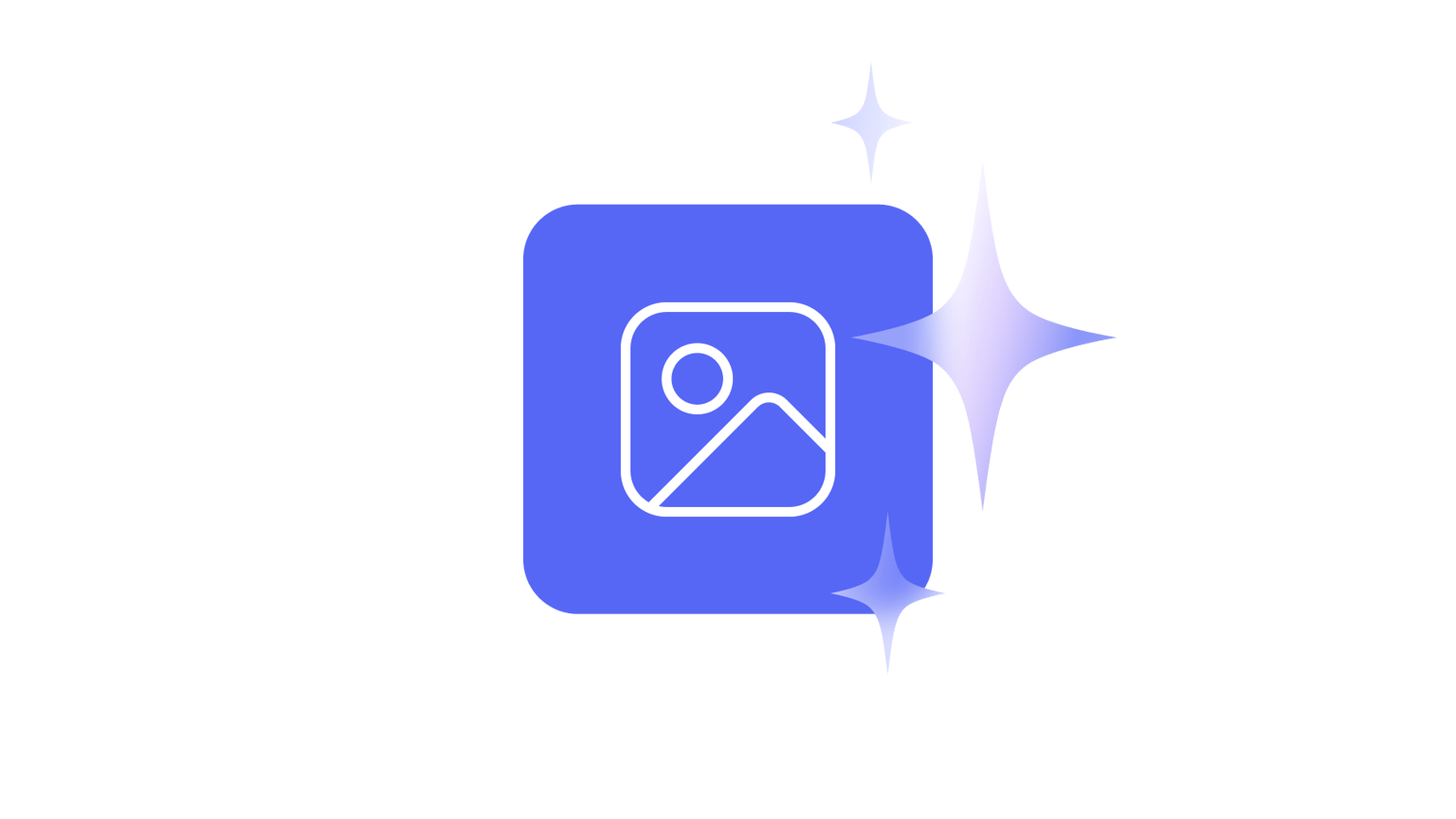 Blue square image icon with a mountain/photo symbol and decorative sparkle effects