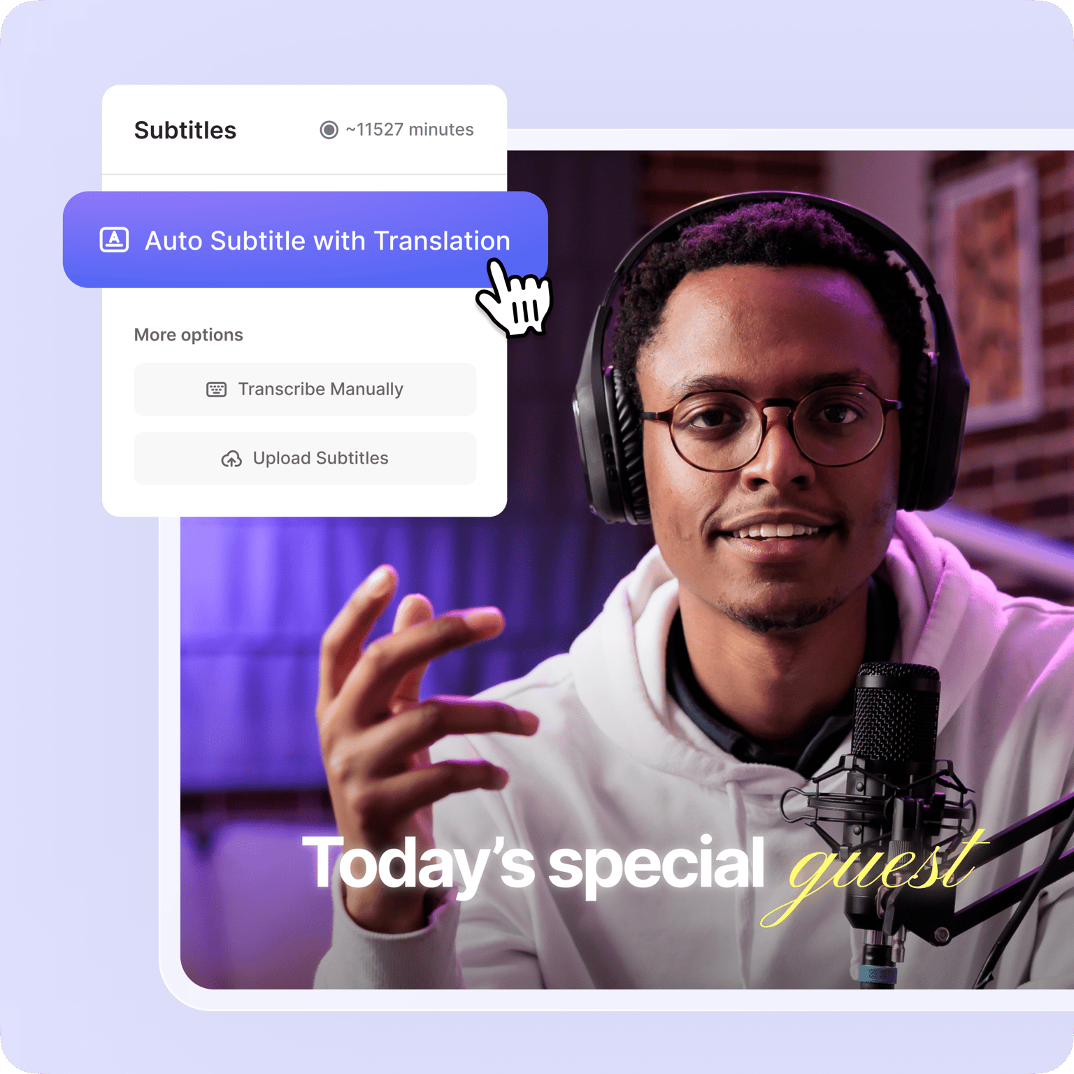 AI video caption generator transcribing dialogue with 'Auto Subtitle with Translation' option highlighted in VEED editor
