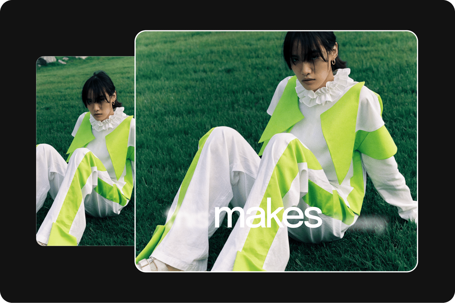 AI generated footage of a woman in neon green on grass, shown in vertical and widescreen with the caption word "makes".