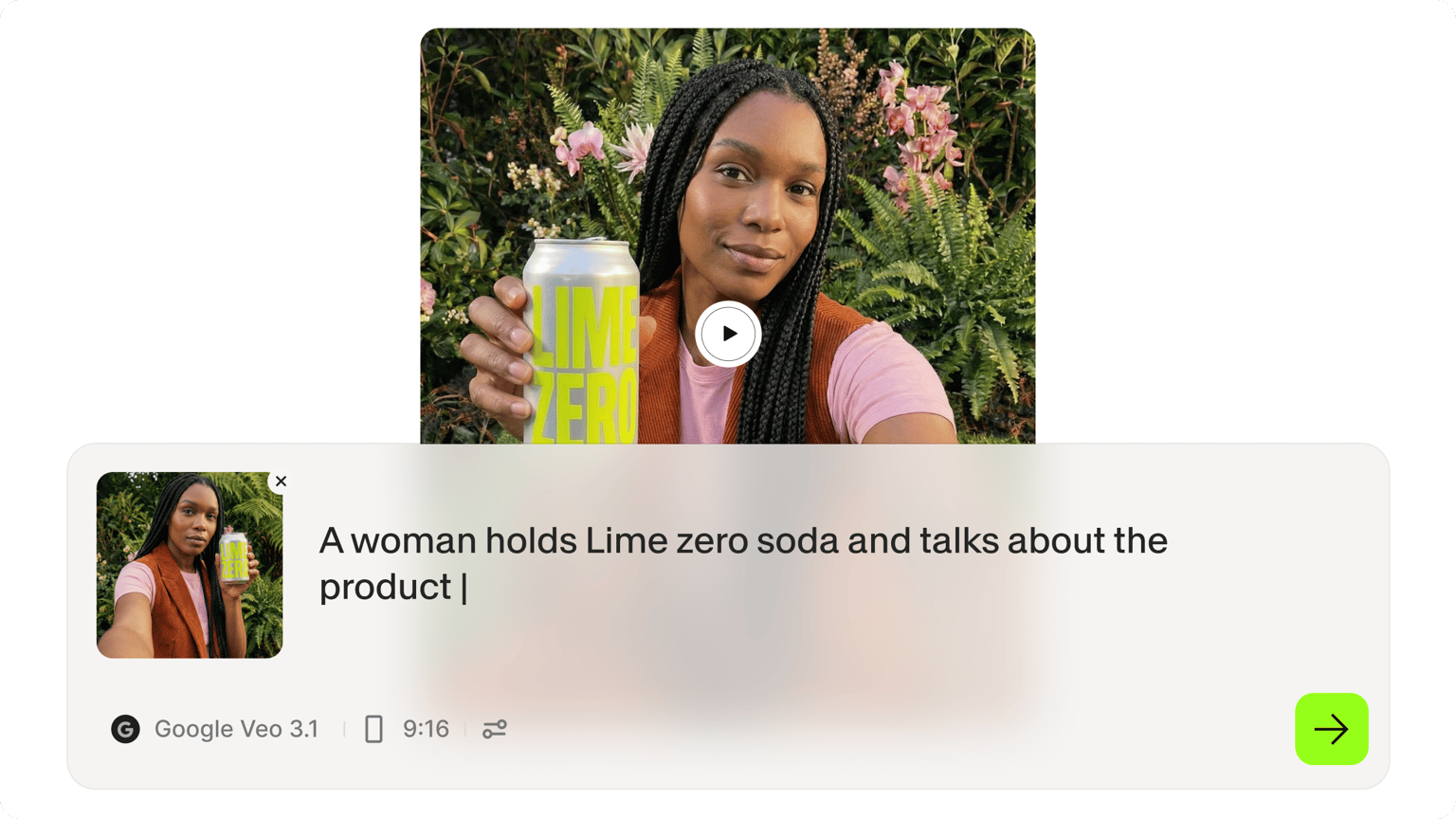 Woman with braids holding a Lime Zero soda can in a garden with an AI image creator text input bar overlay.