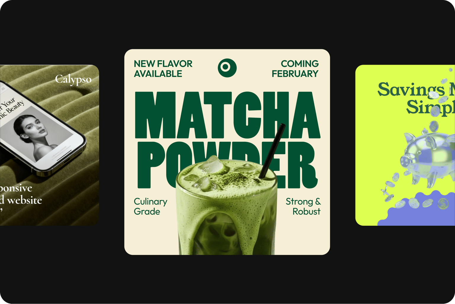 Get started with templates showing a row of square video designs including a matcha powder advertisement