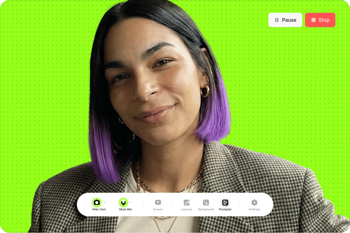 Woman with purple hair filming a webcam video using an online recorder with a bright green screen background enabled.