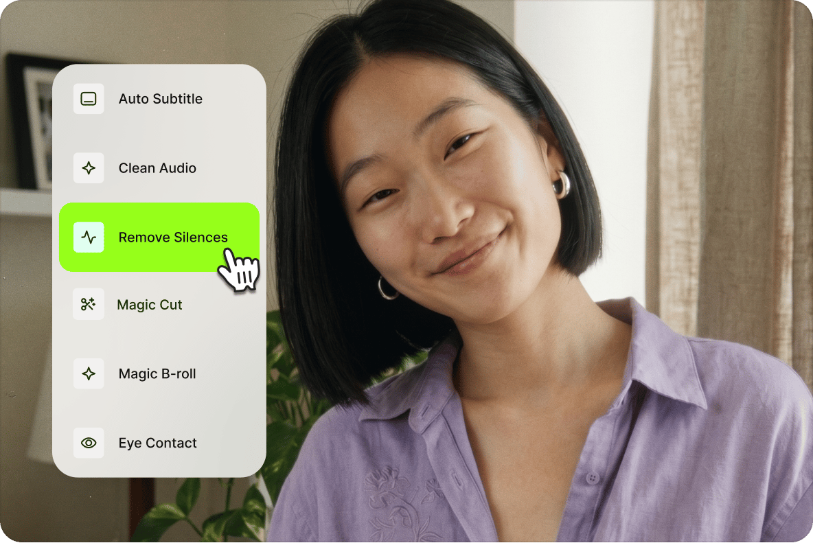 A hand cursor selects Remove Silences from a bright green AI video editing menu featuring options like Eye Contact.