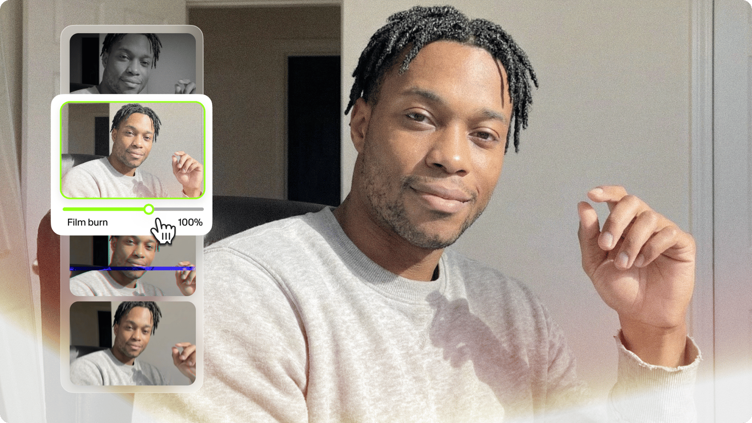 A preview panel adjusts the slider for a film burn video filter over a portrait of a smiling man with braids.