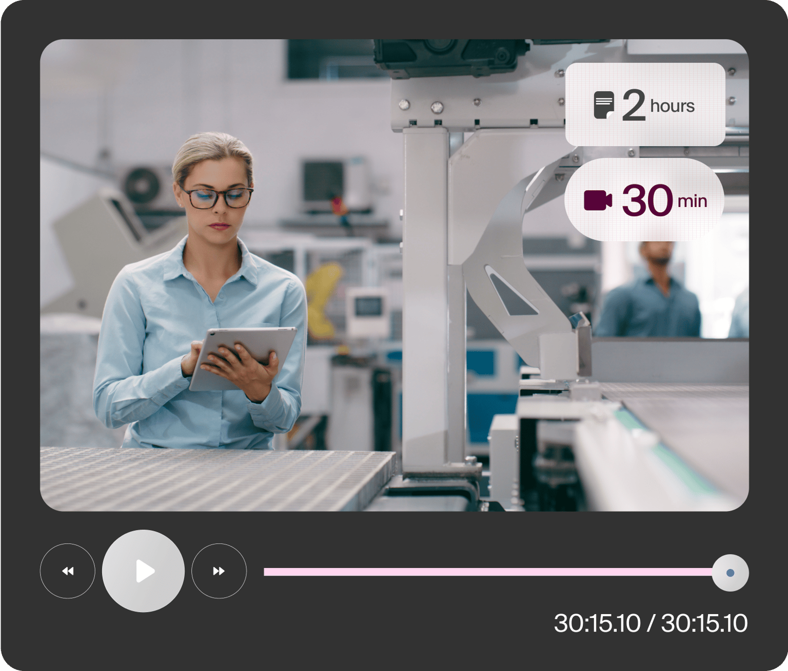 Training video in VEED's player showing an instructor in a creative workspace with duration and playback controls.