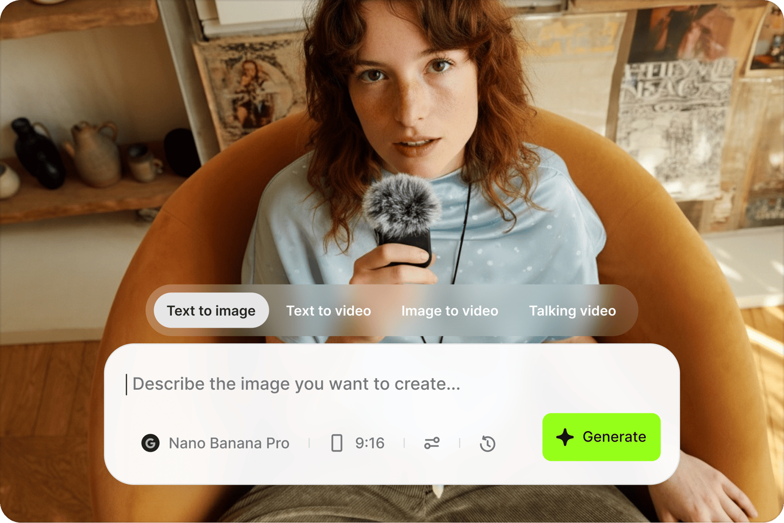 Idea to video generation tool overlay showing text to image prompt on woman with microphone and generate button