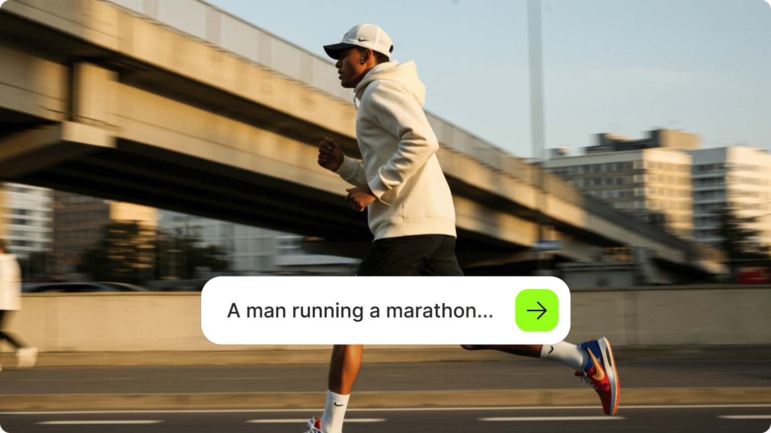 Man in white hoodie running on city street with AI text input overlay for image to video generation.