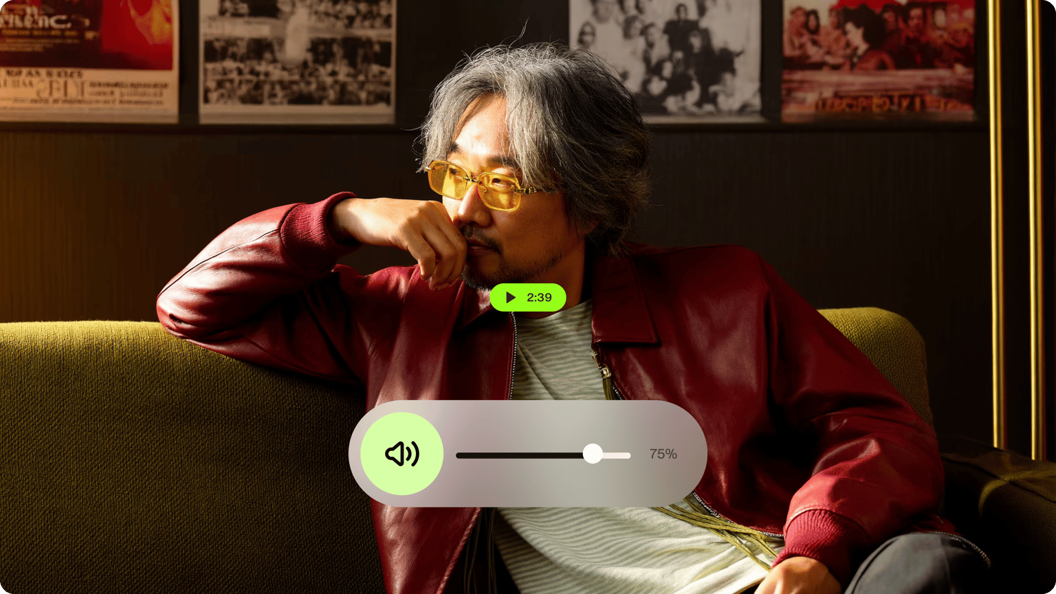 Man in red jacket sitting on couch with volume slider overlay showing increase video volume and sound level control