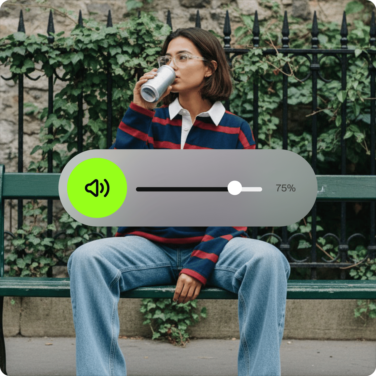 Woman drinking from a can on a bench with an audio slider overlay to increase volume of video