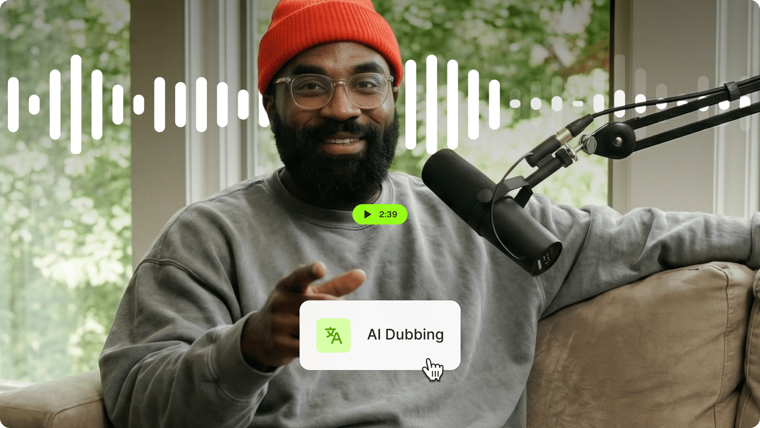 An AI Dubbing menu option selected over a smiling man with an orange beanie hosting a podcast with soundwaves.