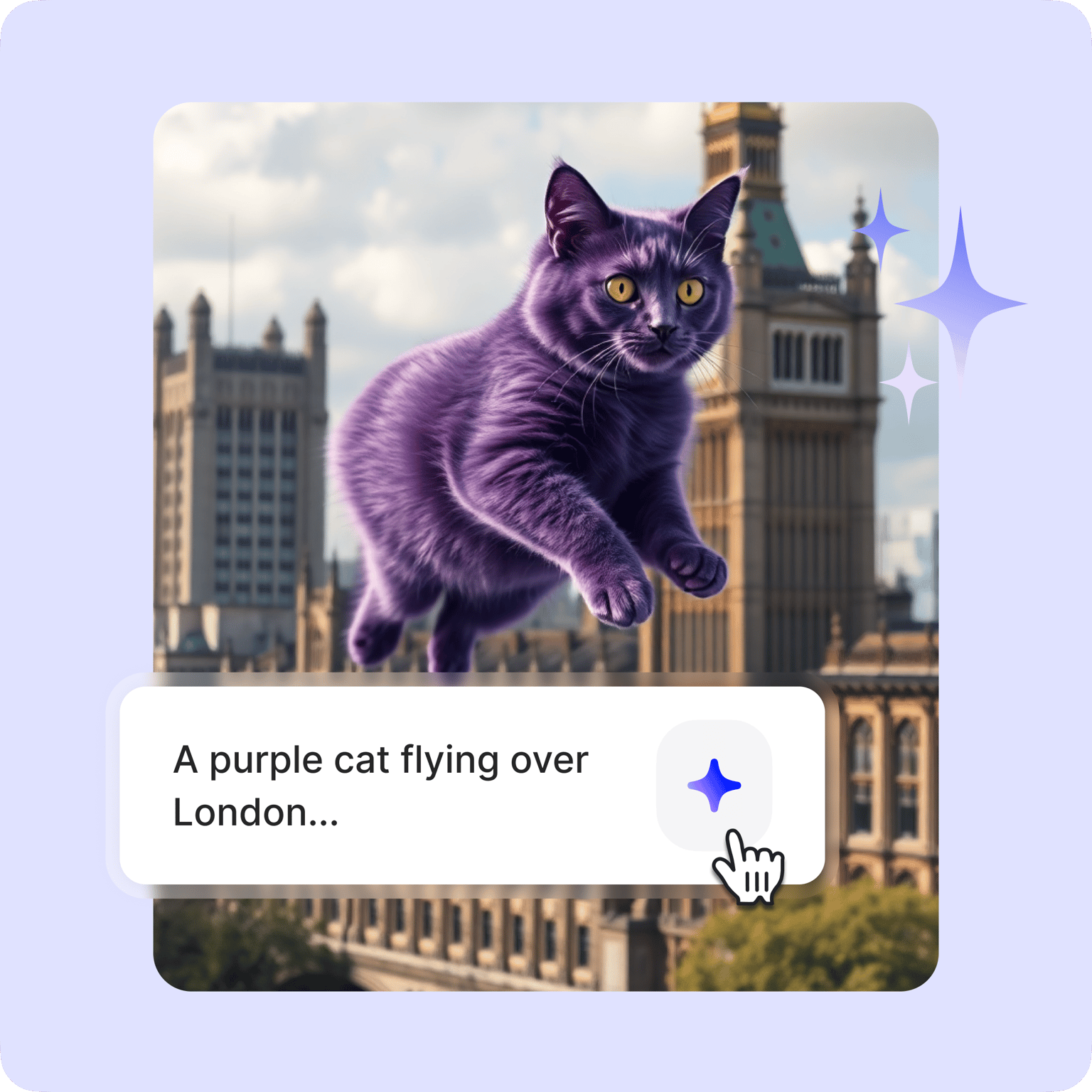 Generated AI image showing a giant purple cat flying over London with Big Ben and Parliament buildings visible, with prompt 'A purple cat flying over London...'