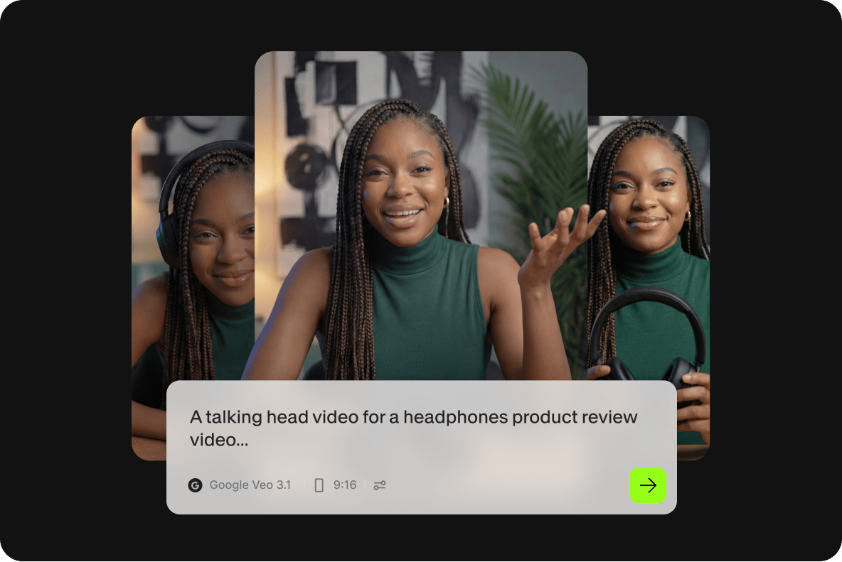 Three panels of a woman with braided hair reviewing headphones alongside an AI text to video generator prompt tool.