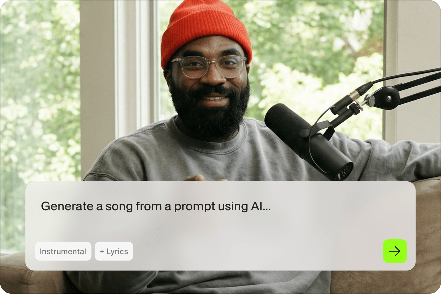 Bearded man speaking into a mic beside prompt box for generating a song with AI, instrumental or with lyrics