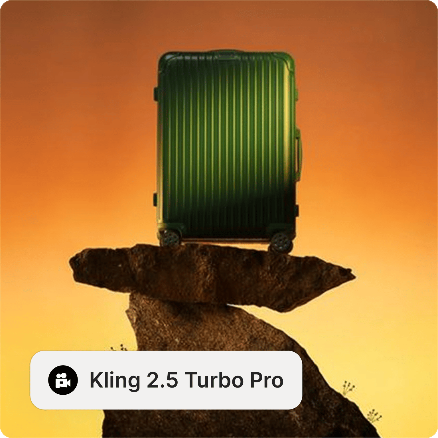 Kling 2.5 Turbo Pro text to video model showing a green suitcase balanced on a rock formation against an orange sky