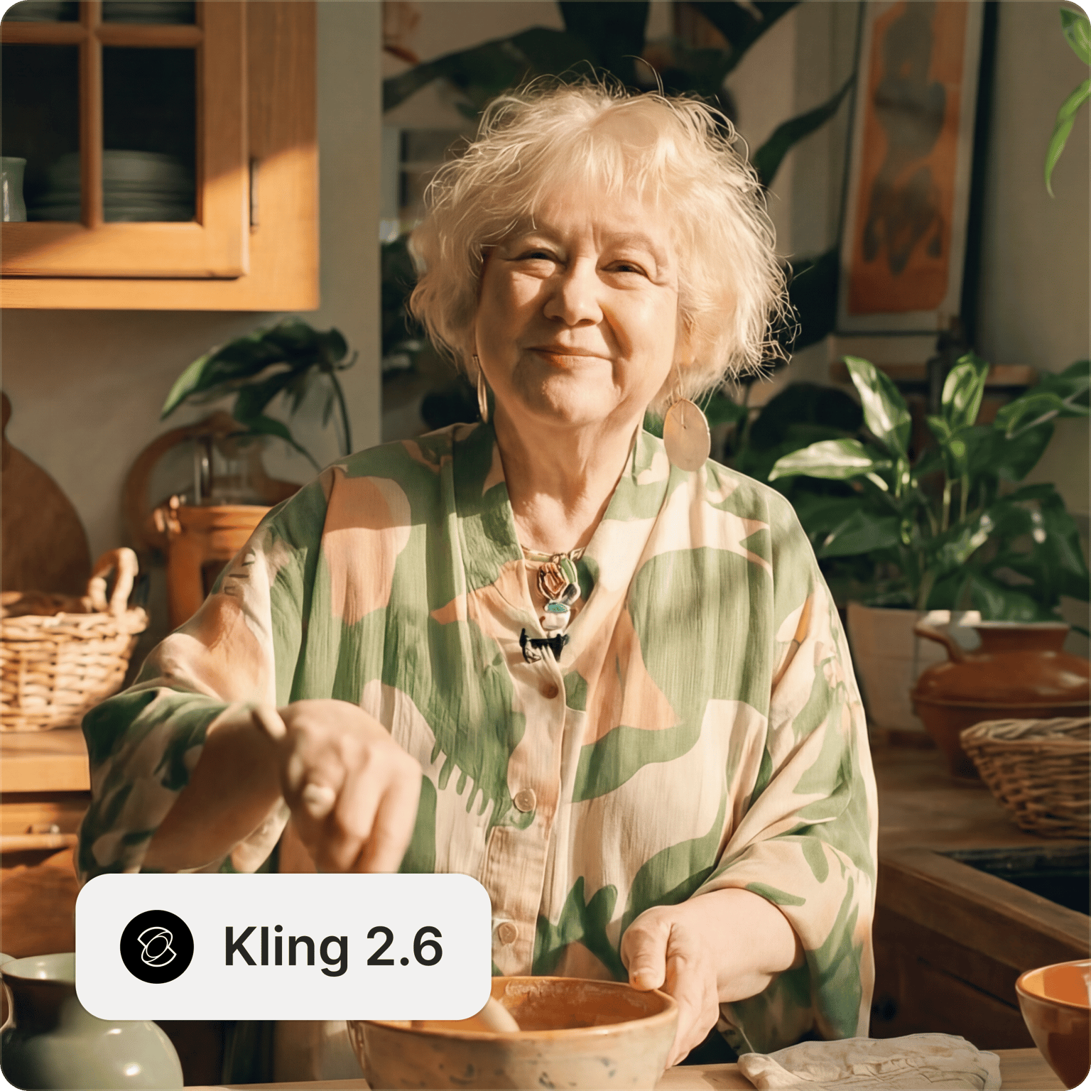 Kling 2.6 Pro text to video model showing an elderly woman cooking and mixing a bowl in a bright kitchen