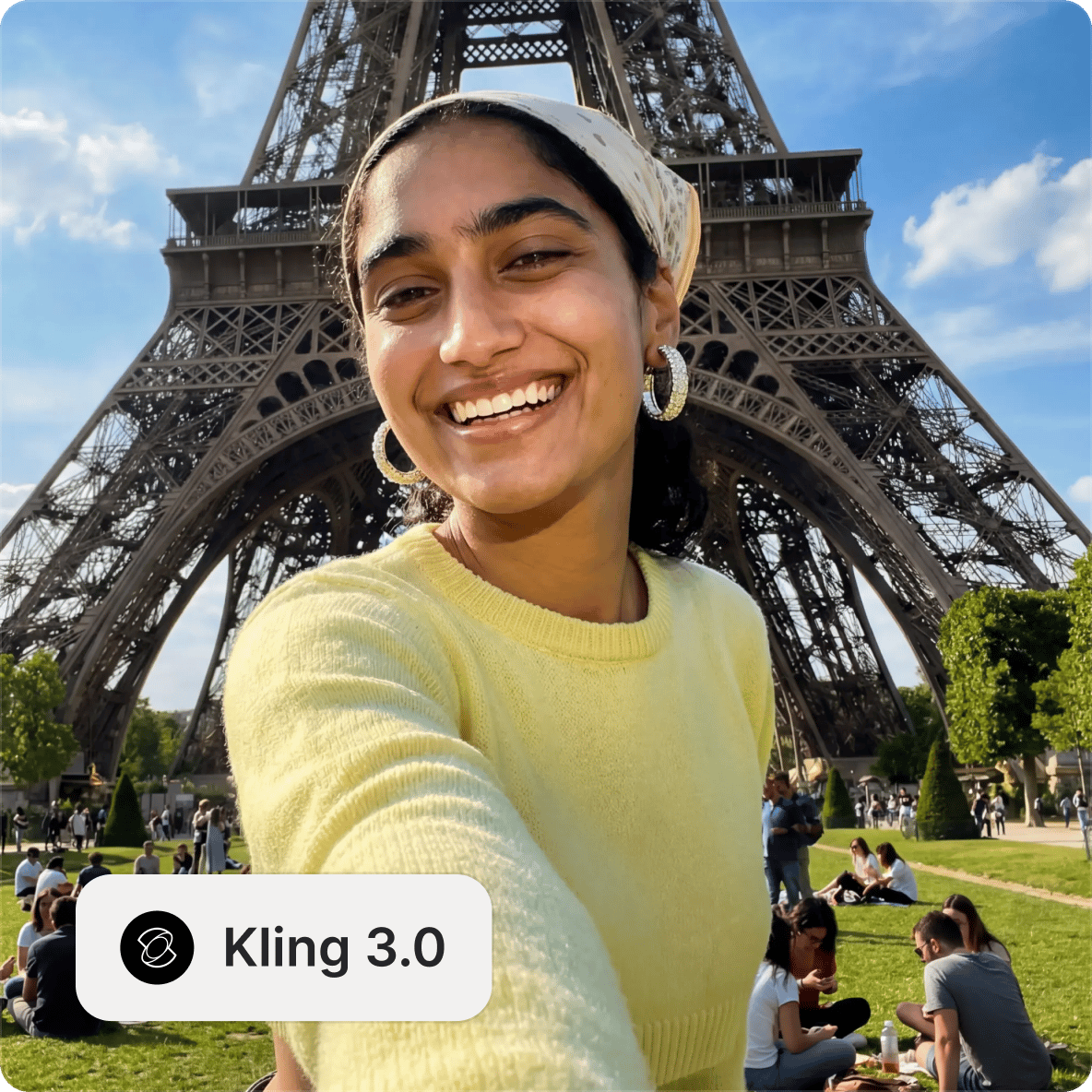 Woman smiling and taking a selfie in front of the Eiffel Tower generated by Kling 3.0 AI text to video model