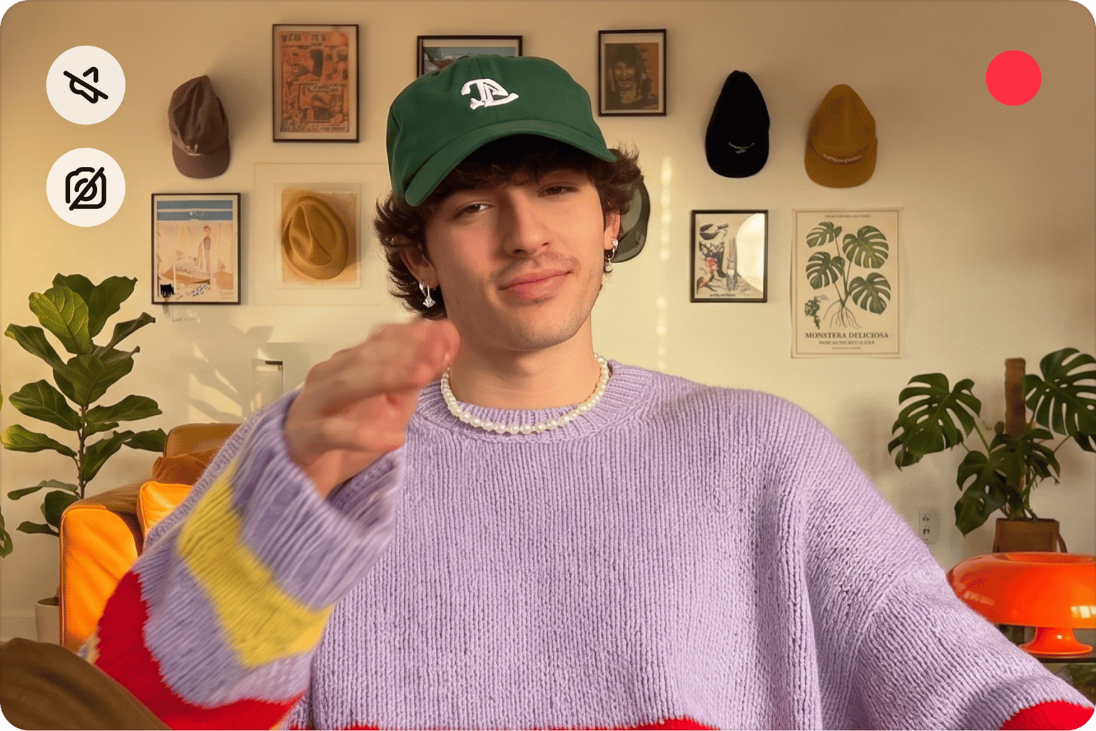 Test your webcam preview showing a young man in a green cap and purple sweater with mute and camera off icons