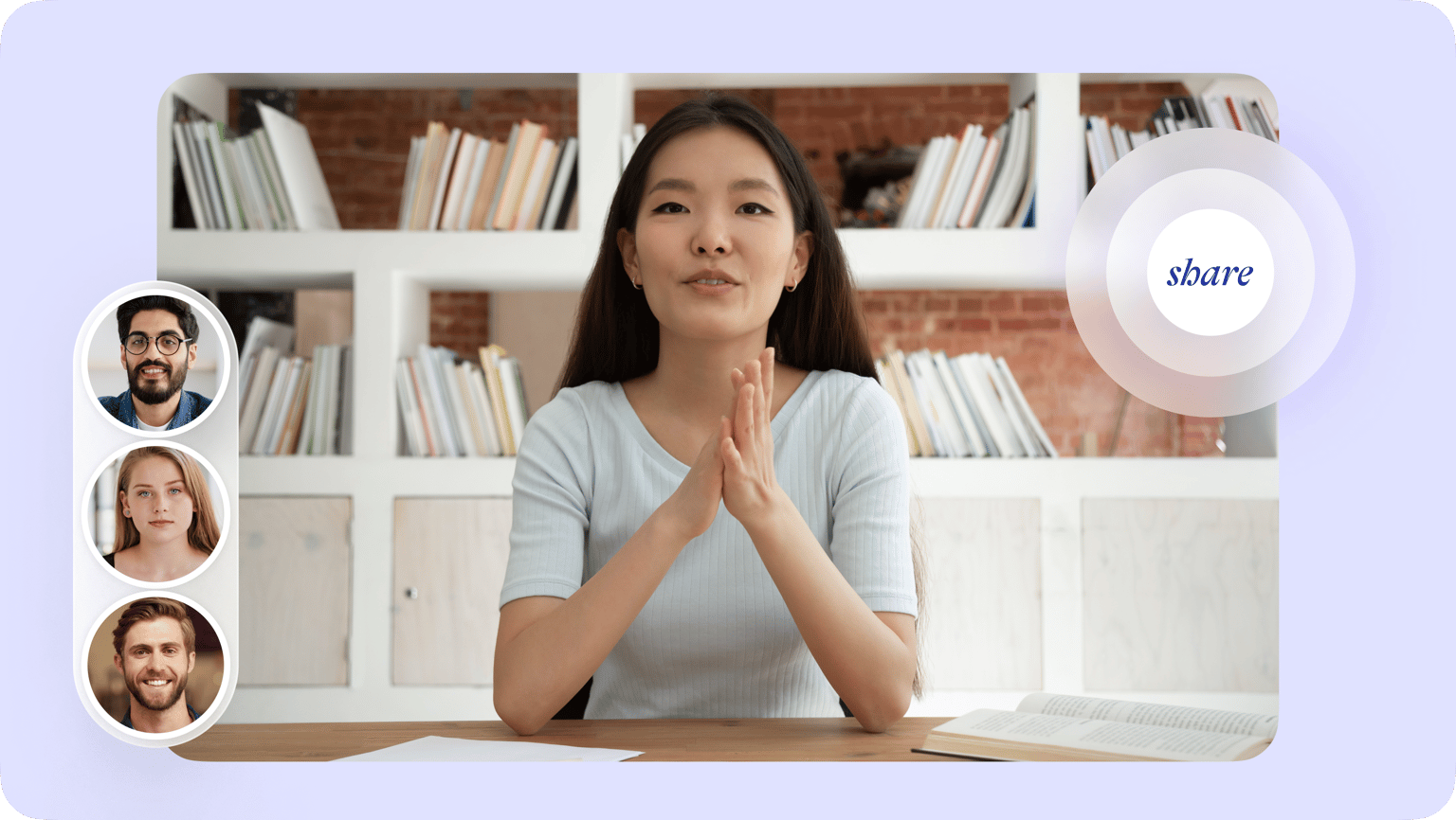 Woman gesturing welcomingly with a 'share' button and contact avatars, visualizing VEED's Referrals Program.