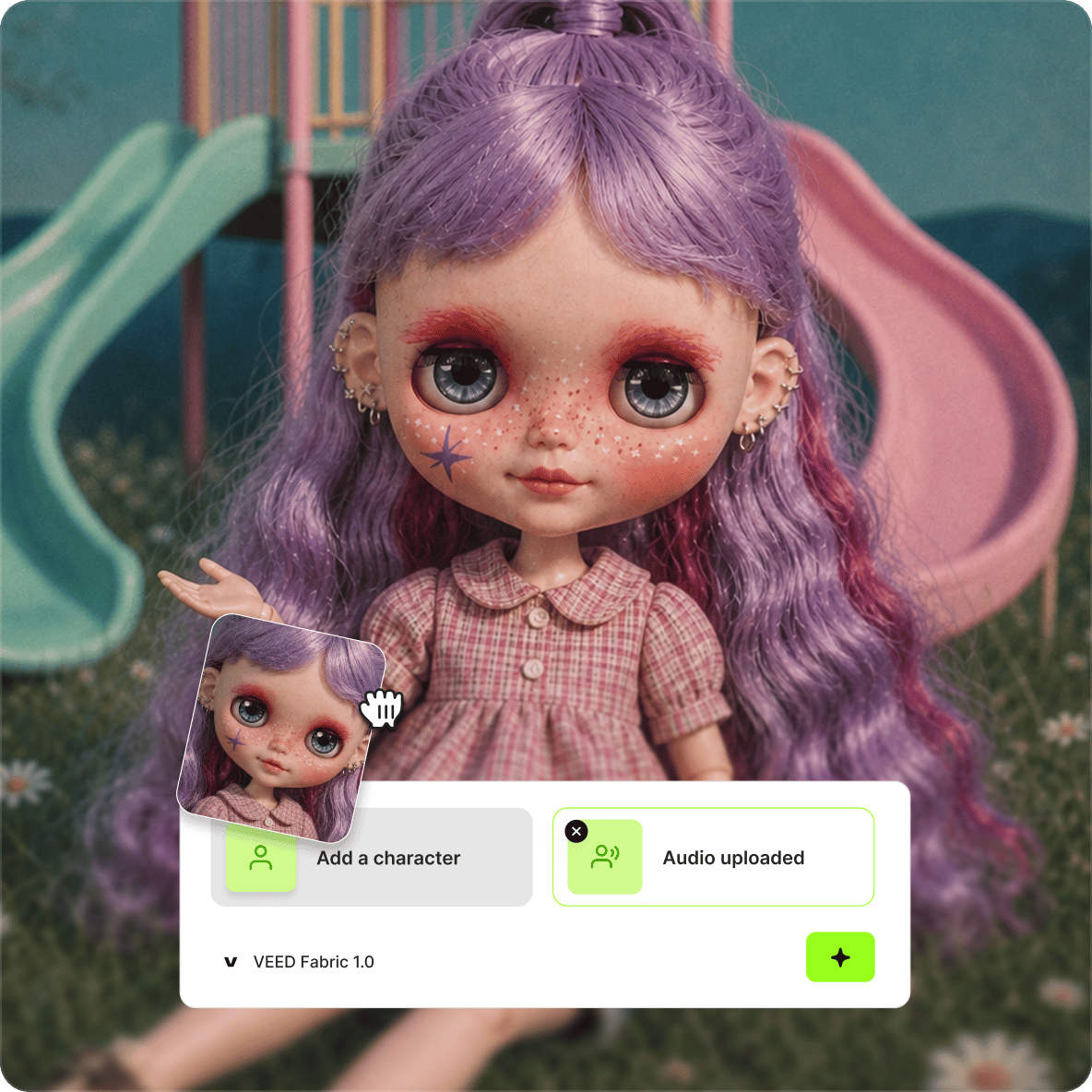Purple haired animated doll avatar with an interface showing character and audio upload options for AI lip syncing