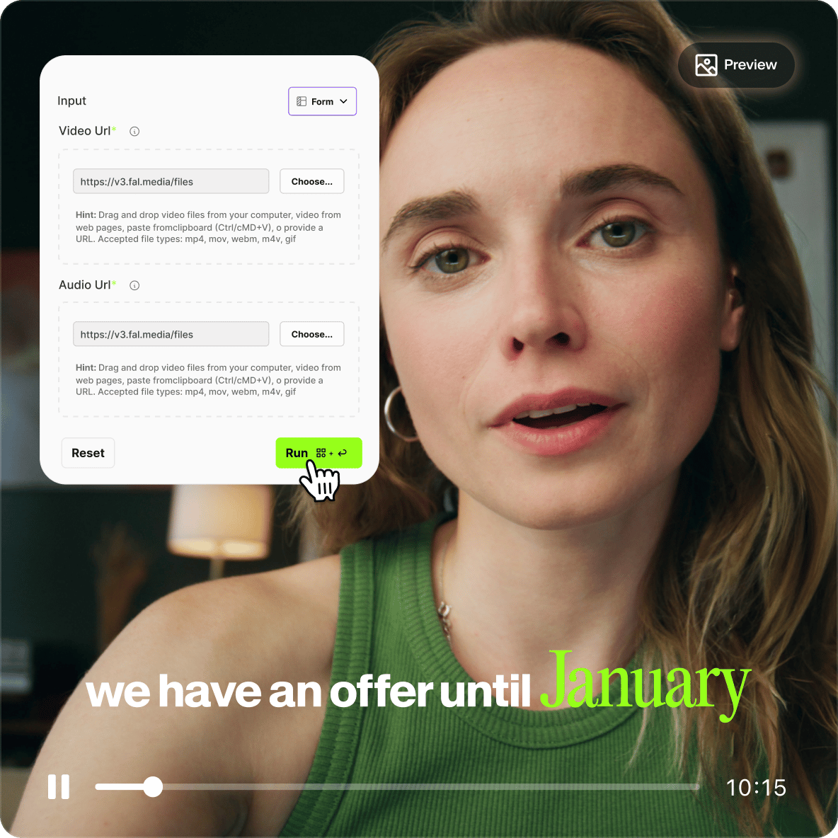 A woman speaking in a video next to a lip sync API interface showing video and audio URL input fields.