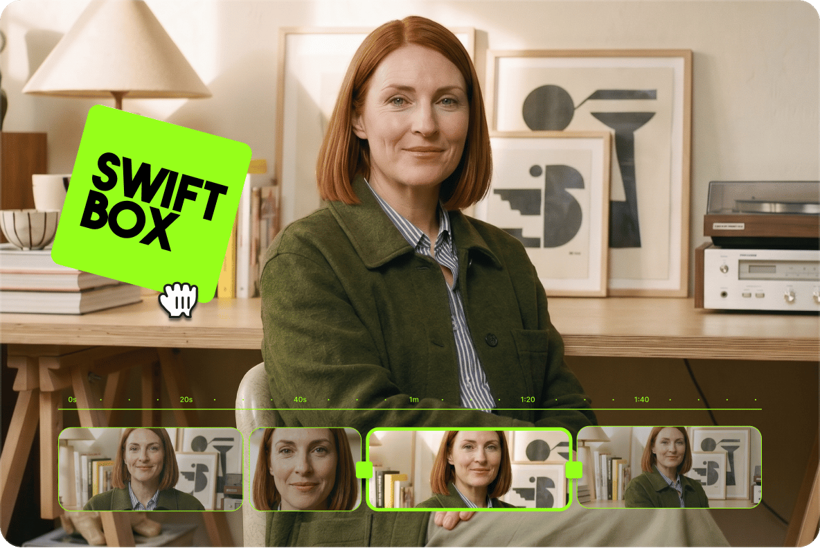Redhead woman sitting by desk with a bright green Swift Box logo overlay inside VEED video workflow workspace.