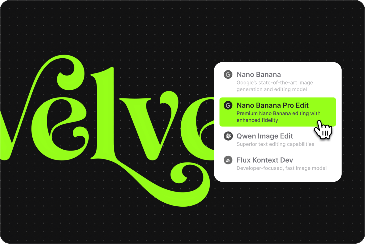 Green typography design on black background showing Nano Banana Pro Edit model selected in VEED's AI logo maker.