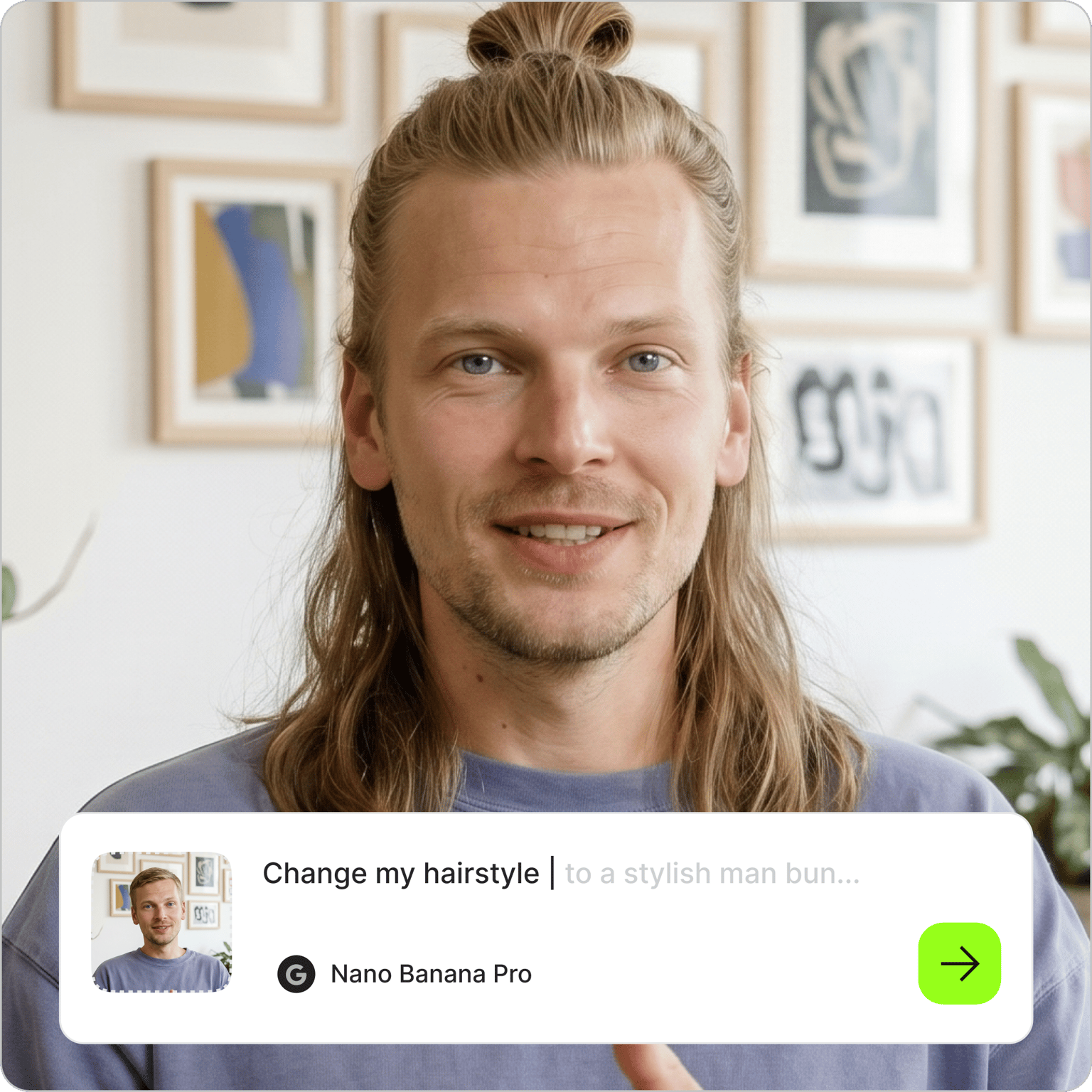 Long hair filter overlay showing change my hairstyle prompt over a smiling man with long blonde hair in a man bun