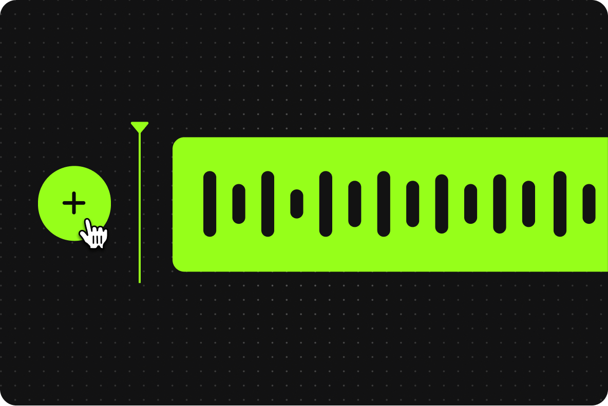 Cursor clicking a green plus button next to a track line and a neon green audio wave track.