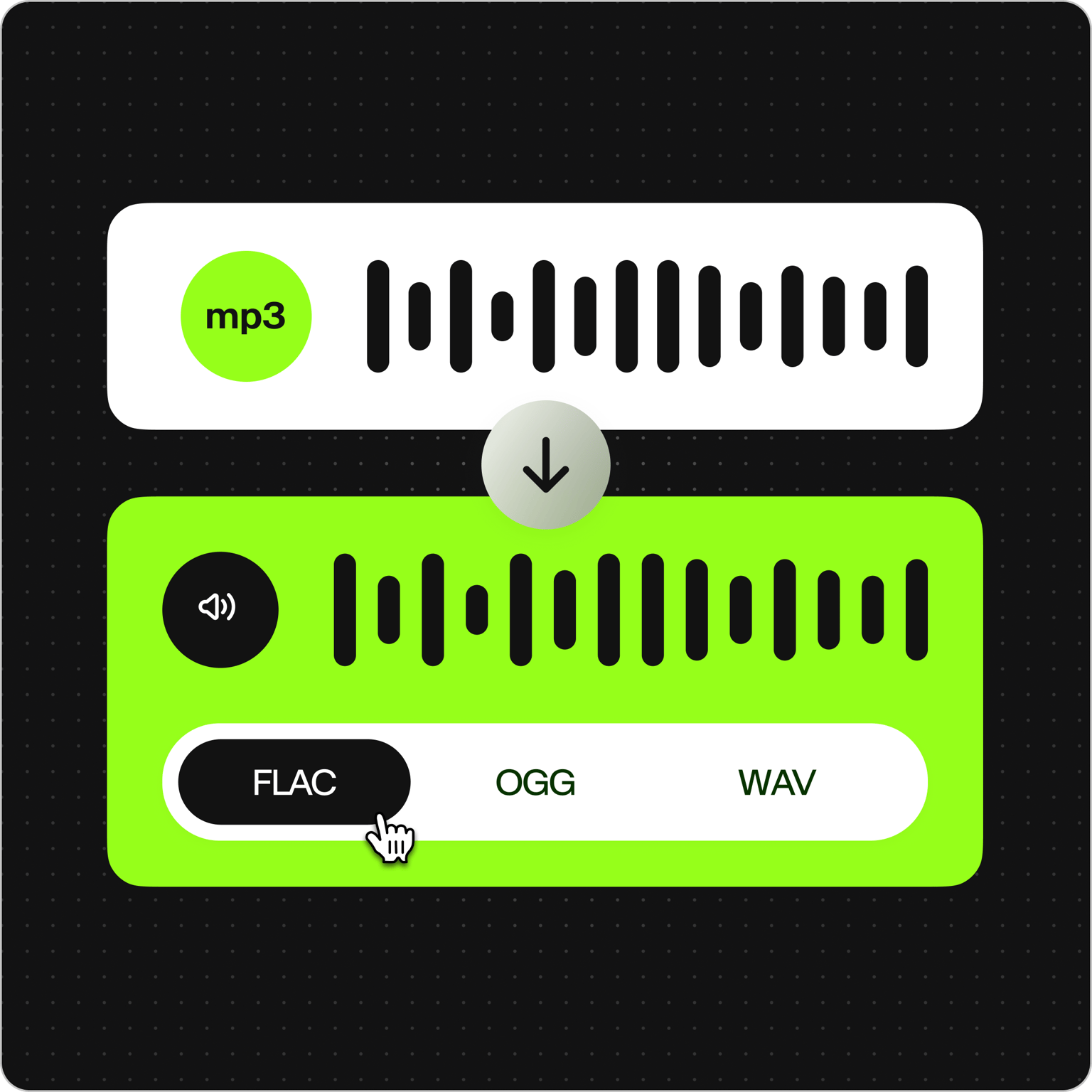 MP3 converter graphic showing an MP3 audio waveform pointing to a green track with a cursor selecting FLAC format