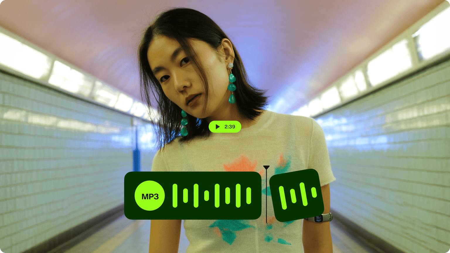 MP3 cutter demo thumbnail showing a green audio waveform being sliced over a video of a woman in a tiled tunnel