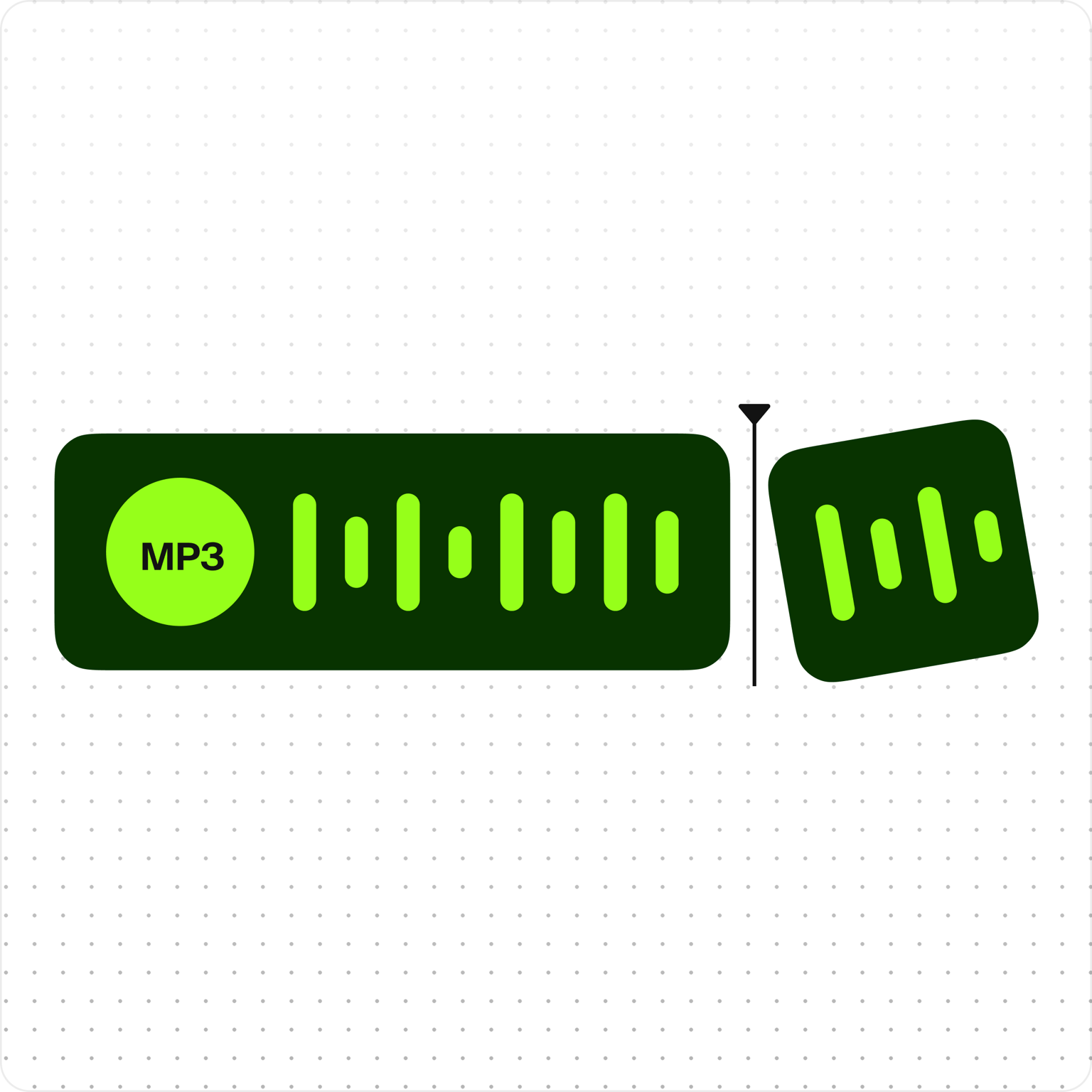 MP3 cutter graphic showing a dark green audio waveform block being sliced into two pieces