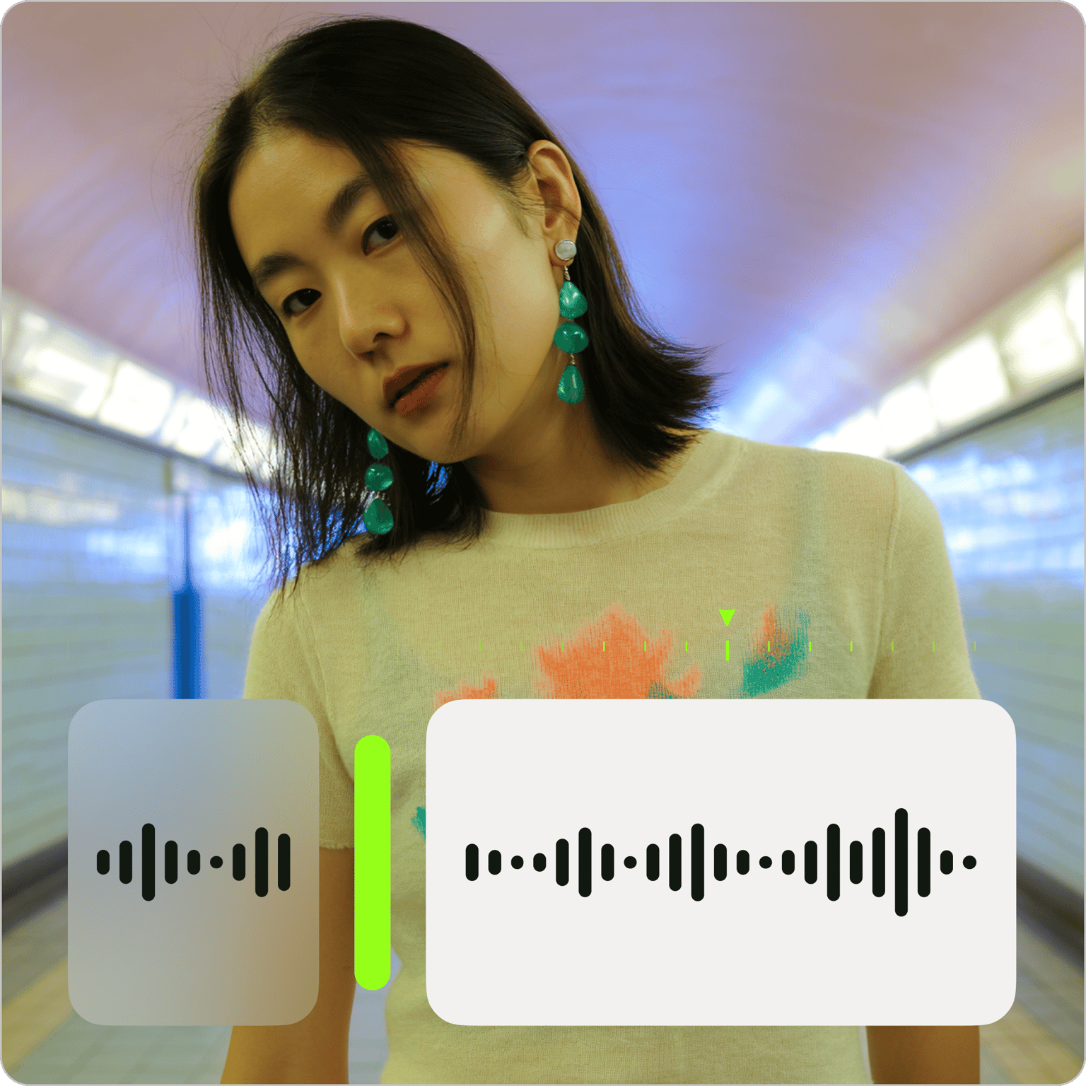 MP3 editor showing an audio waveform and green slider over a video of a woman wearing green earrings in a tunnel