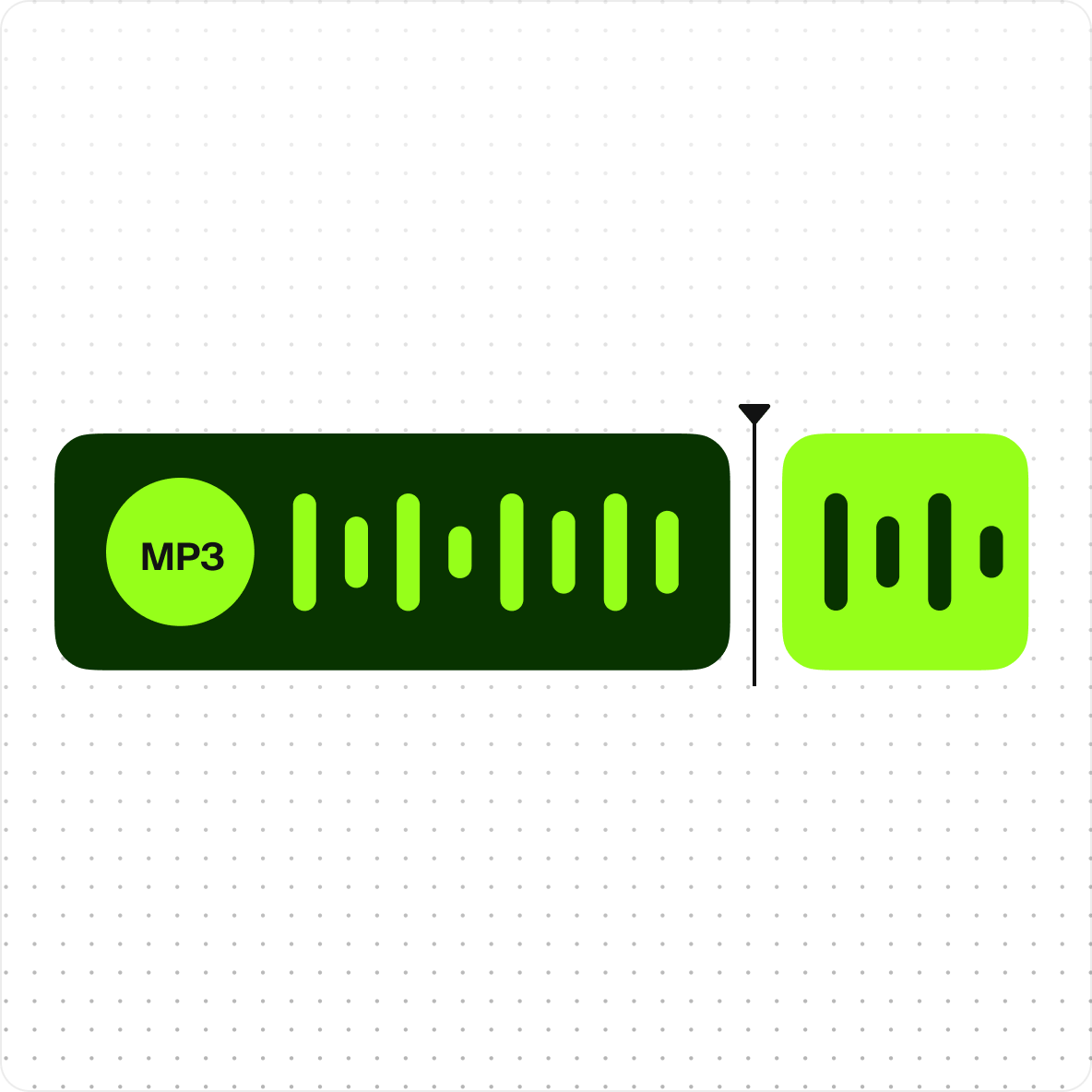 MP3 splitter graphic showing a dark green audio waveform block being sliced into two pieces