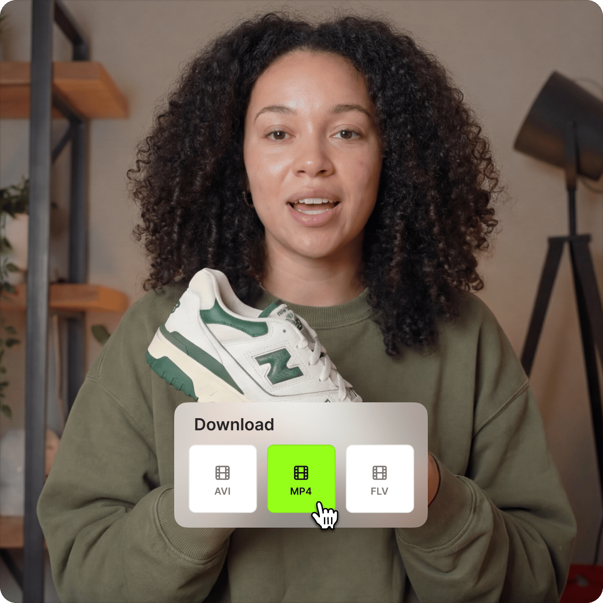 Woman holding a green and white sneaker with an overlaid video download menu selecting the MP4 converter button.