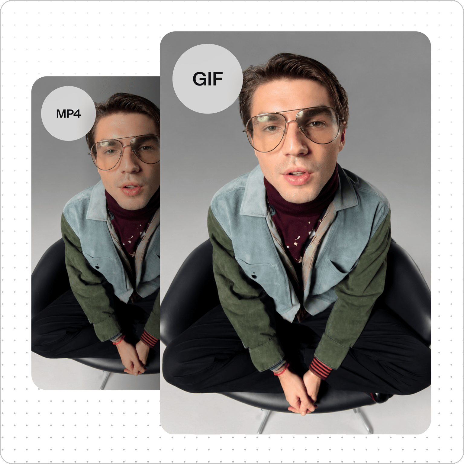 Man in glasses sitting in a chair shown side by side with labels showing video file conversion.
