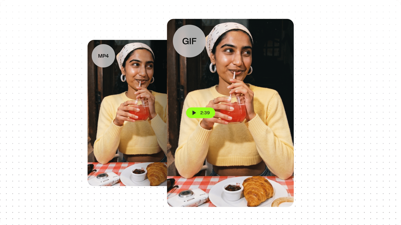 Woman drinking a beverage shown side by side with MP4 and GIF tags to demonstrate video converter software.