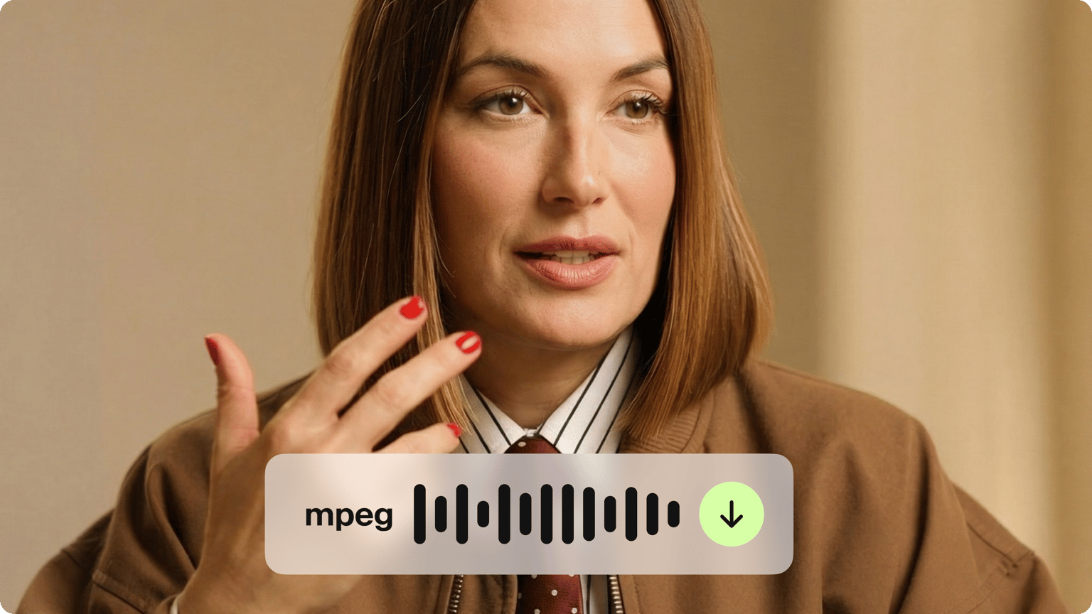 MP4 to MPEG converter demo showing an mpeg audio waveform and green download icon over a video of a speaking woman