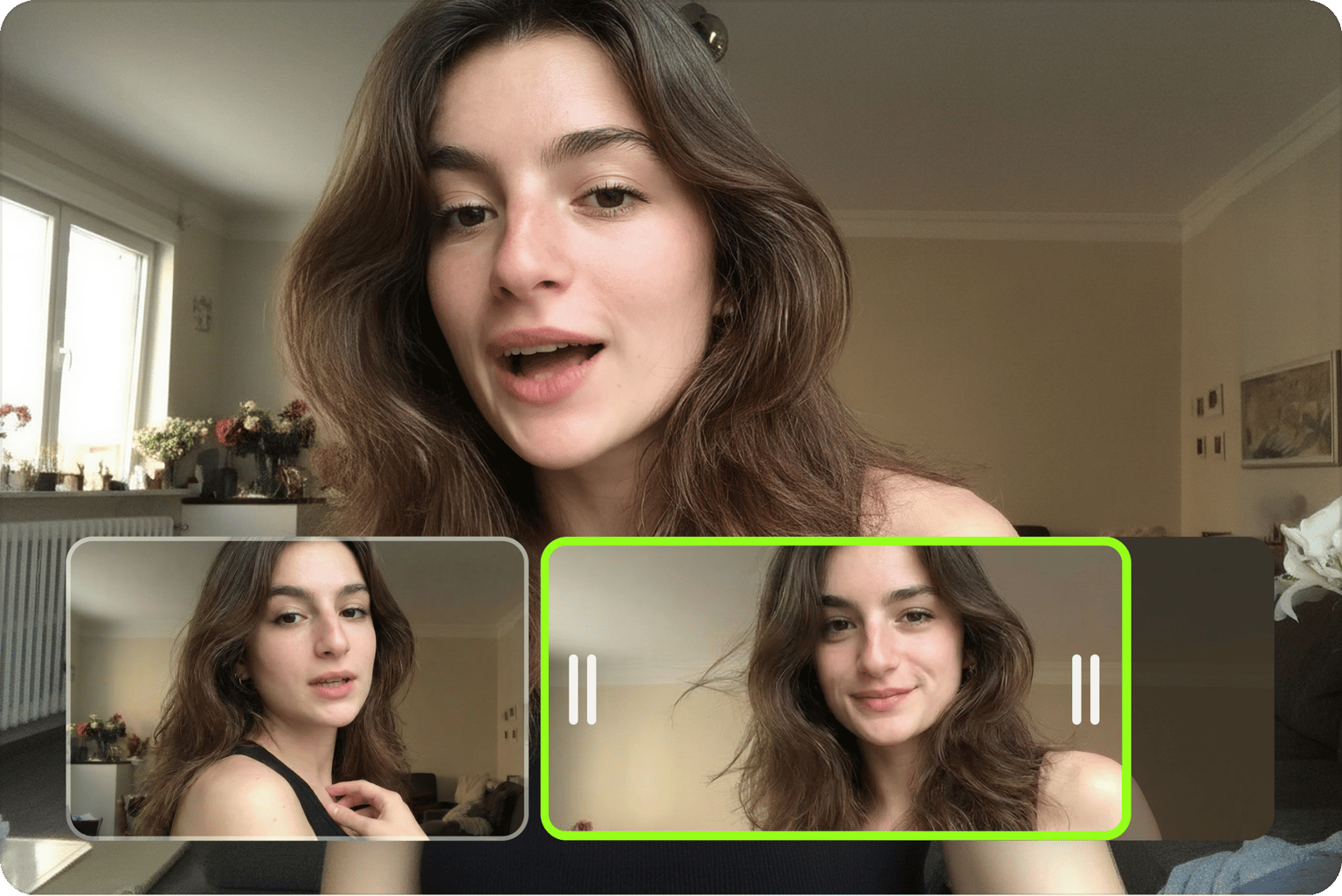 Video Trimmer and Cutter interface with woman speaking and timeline preview for trimming and selecting video clips