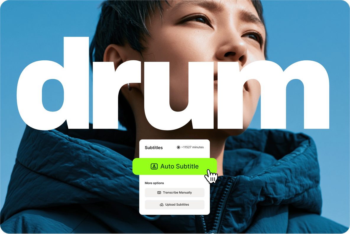 Close up of a person looking up with a lyric video maker auto subtitle button overlay for generating text.