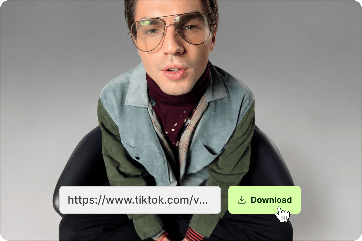 TikTok downloader interface showing a man in tint glasses sitting down with a URL bar and download button overlay