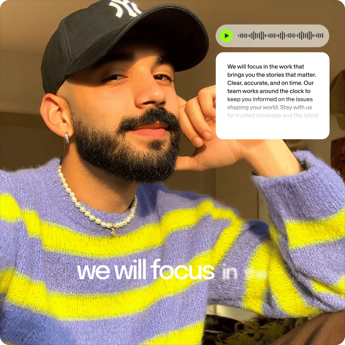 Man in a striped sweater with an mp3 audio transcription bubble converting his spoken words directly into text.