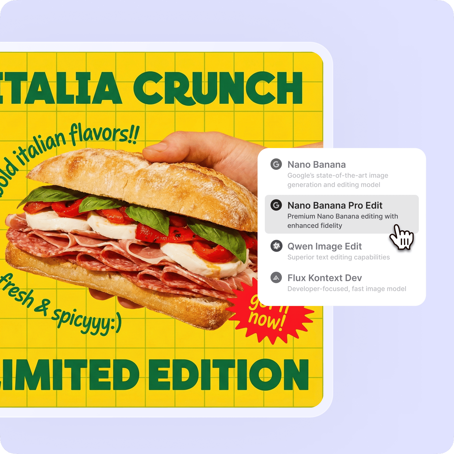VEED template for creating multiple ad variations of a 'TALIA CRUNCH LIMITED EDITION' food promotion with menu customization.