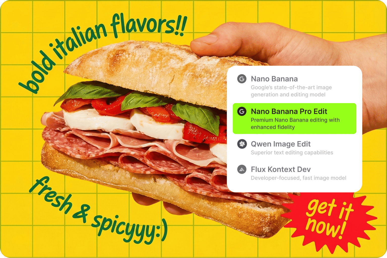 Hand holding sandwich with Nano Banana Pro Edit AI model selection highlighted on a static ad template