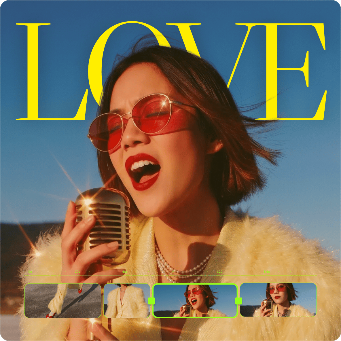 Woman with red sunglasses singing into a gold microphone with a timeline track inside a music video creator interface.