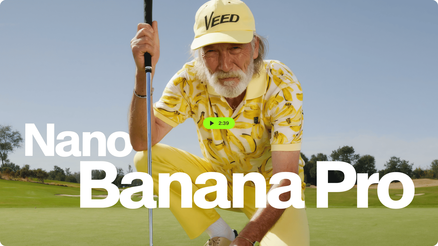 Senior man on golf course wearing a yellow banana pattern shirt and VEED hat for Nano Banana Pro video tutorial.