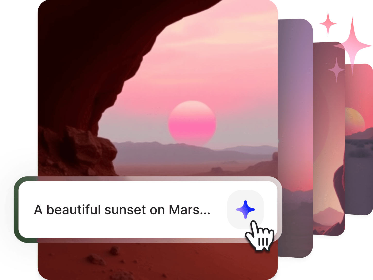 A shot of AI image generator interface showing a created sunset on Mars image with prompt 'A beautiful sunset on Mars...' and a cursor hovering over a sparkle button to generate the image