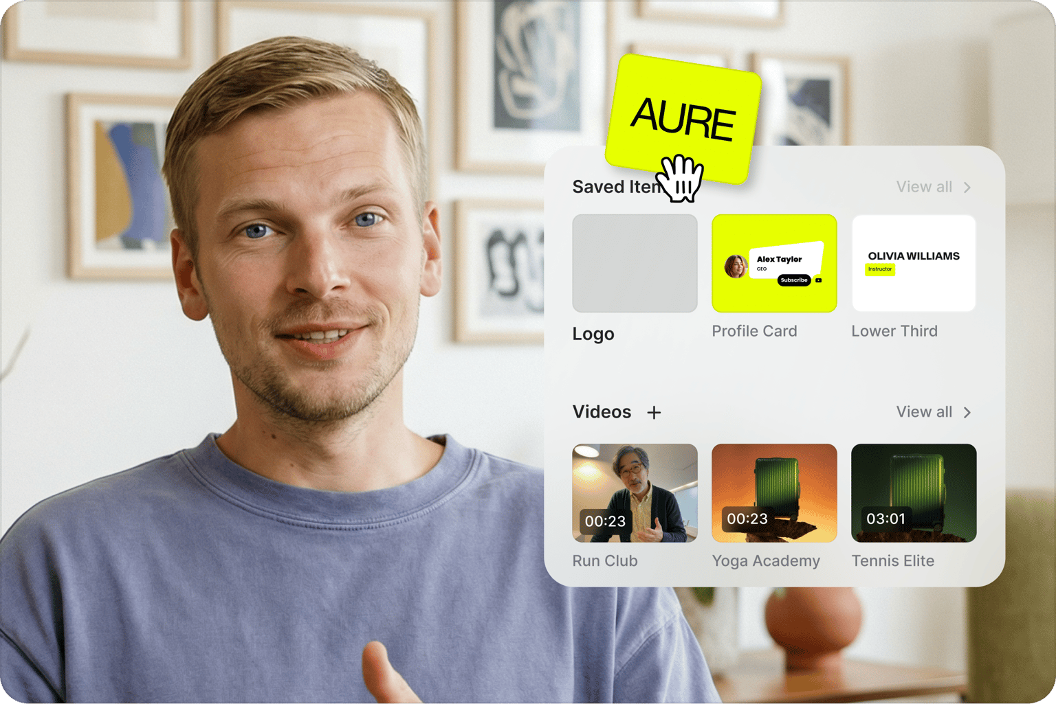 On brand execution interface overlay showing cursor dragging yellow logo from saved items over video of man talking