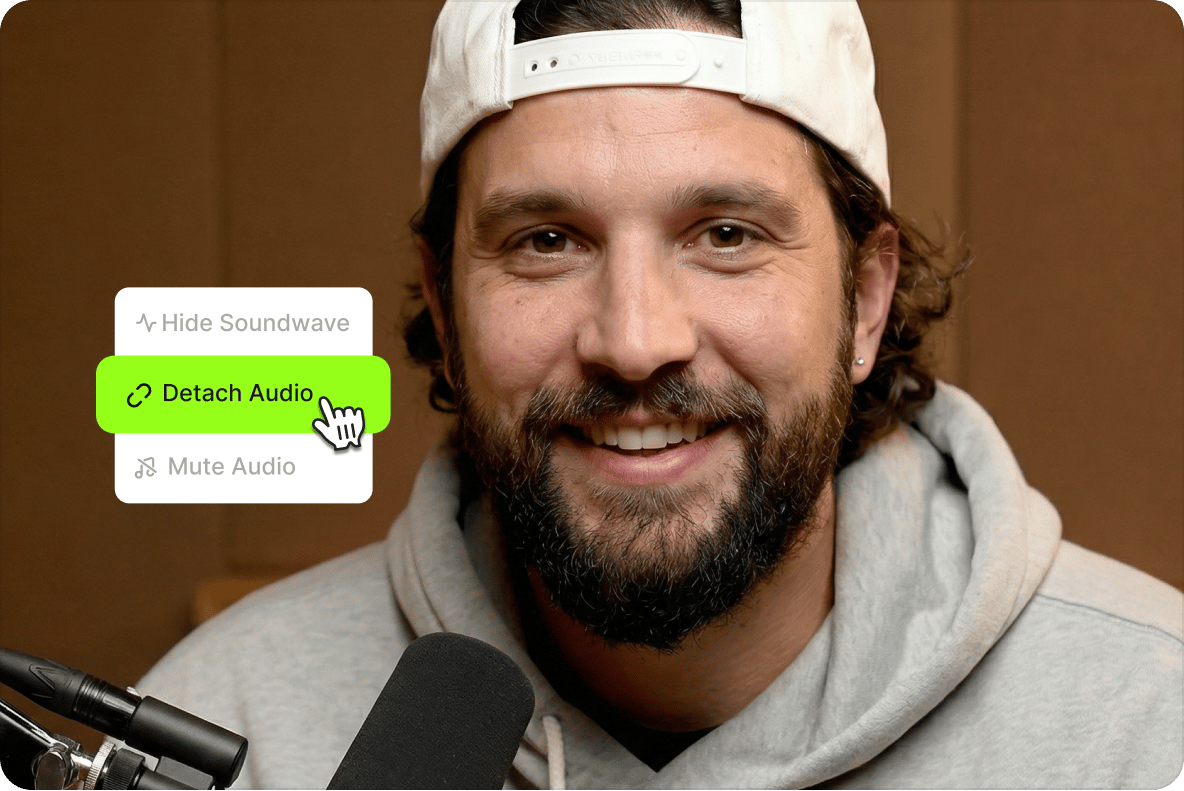 Smiling man in a cream sweater and a menu highlighting the detach audio tool.